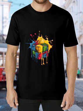 Men's Black Short Sleeve Tee with Colorful Rubik Cube Splash Graphic